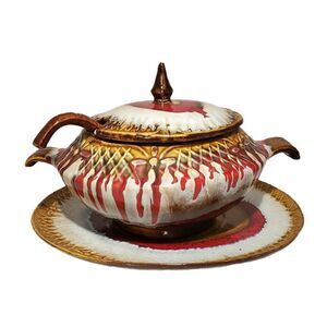 Vintage MCM Marcia California Pottery Soup Tureen Ladle Brown Lava Drip Glaze LG